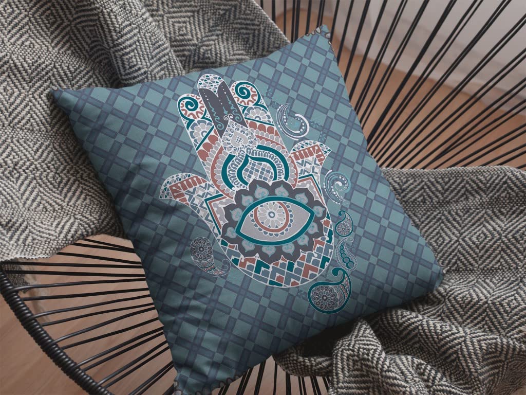 HomeRoots Muted Blue Broadcloth 20â€ Slate Blue Hamsa Indoor Outdoor Throw Pillow