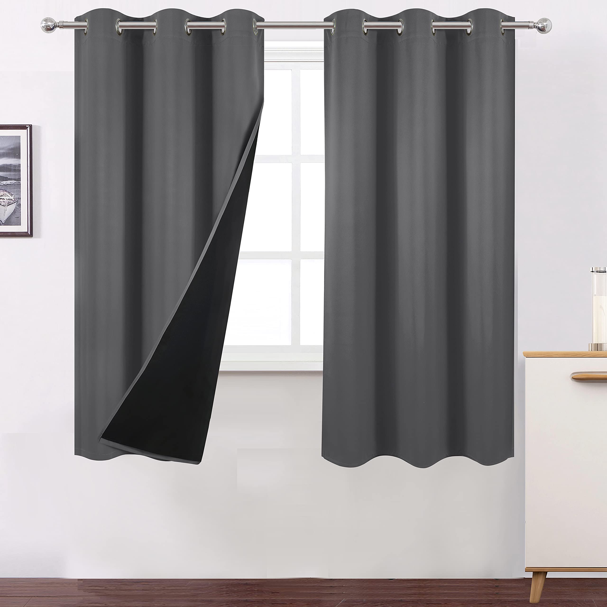 LEMOMO 100% Blackout Curtains 40 x 63 Inch/Grey Curtains 2 Panels with Black Liner/Double Layer Full Room Darkening Bedroom Curt