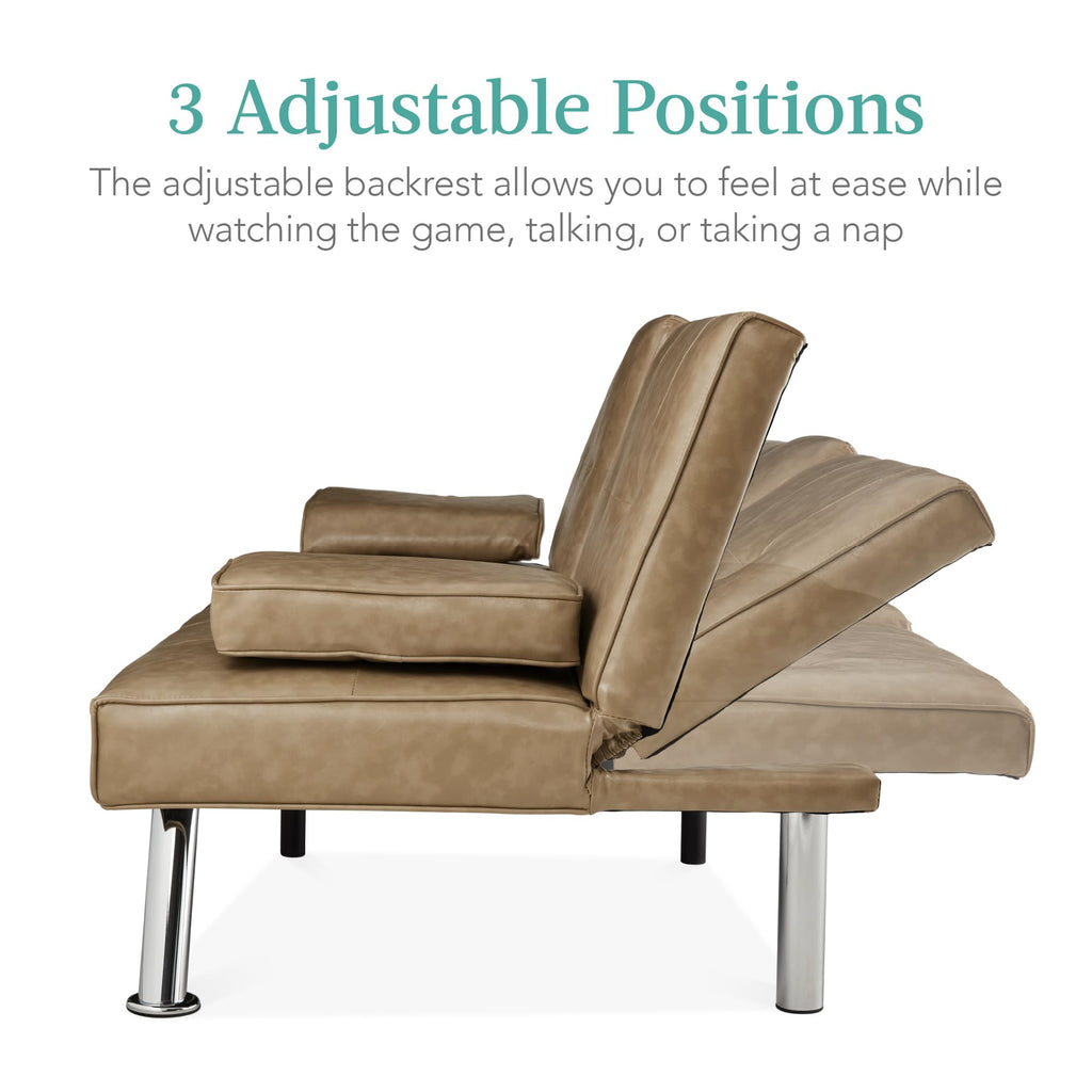 Best Choice Products Faux Leather Upholstered Modern Convertible Futon, Adjustable Folding Sofa Bed, Guest Bed W/Removable Armrests - Taupe