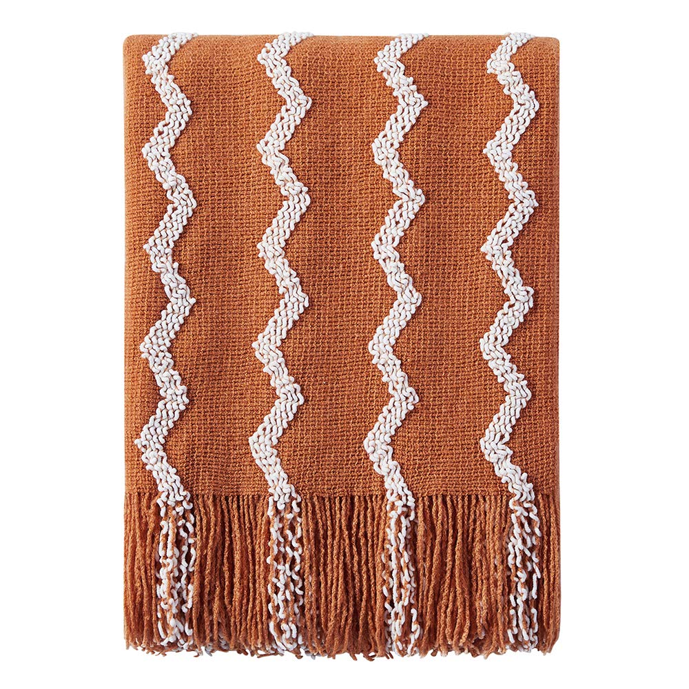 Bourina Fluffy Chenille Knitted Fringe Throw Blanket Lightweight Soft Cozy For Bed Sofa Chair Throw Blankets, Orange 60'X80'