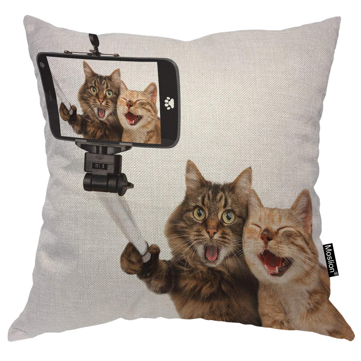 Moslion Fathers Day Pillow Covers Animal Pillow Covers 18X18 Cat Throw Pillow Cover Funny Cellphone Selfie Smile Square Pillow C