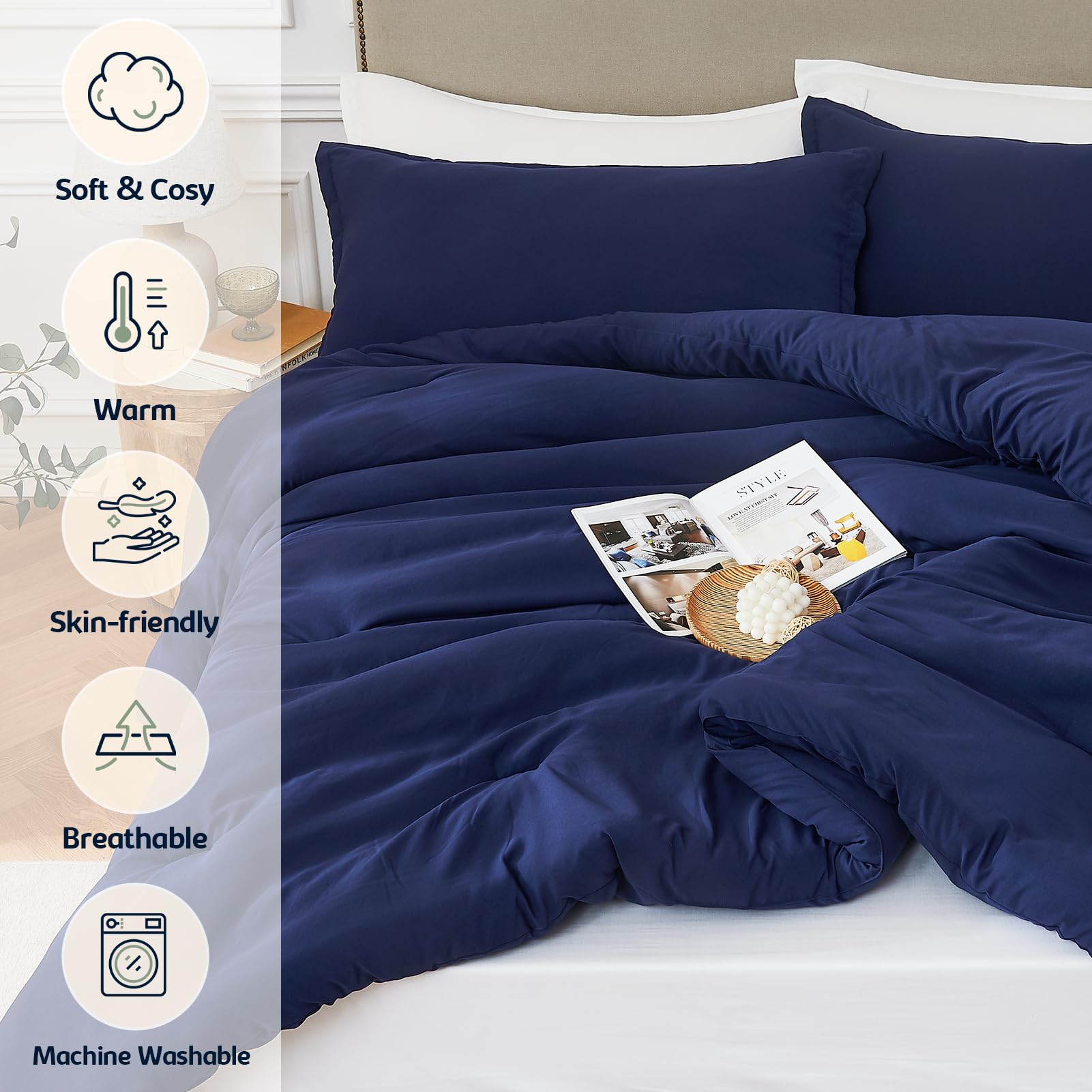 Quataly California King Comforter Set Navyblue,3Pcs Soft Lightweight Breathable Bedding Comforter Sets For All Season, Cal King(