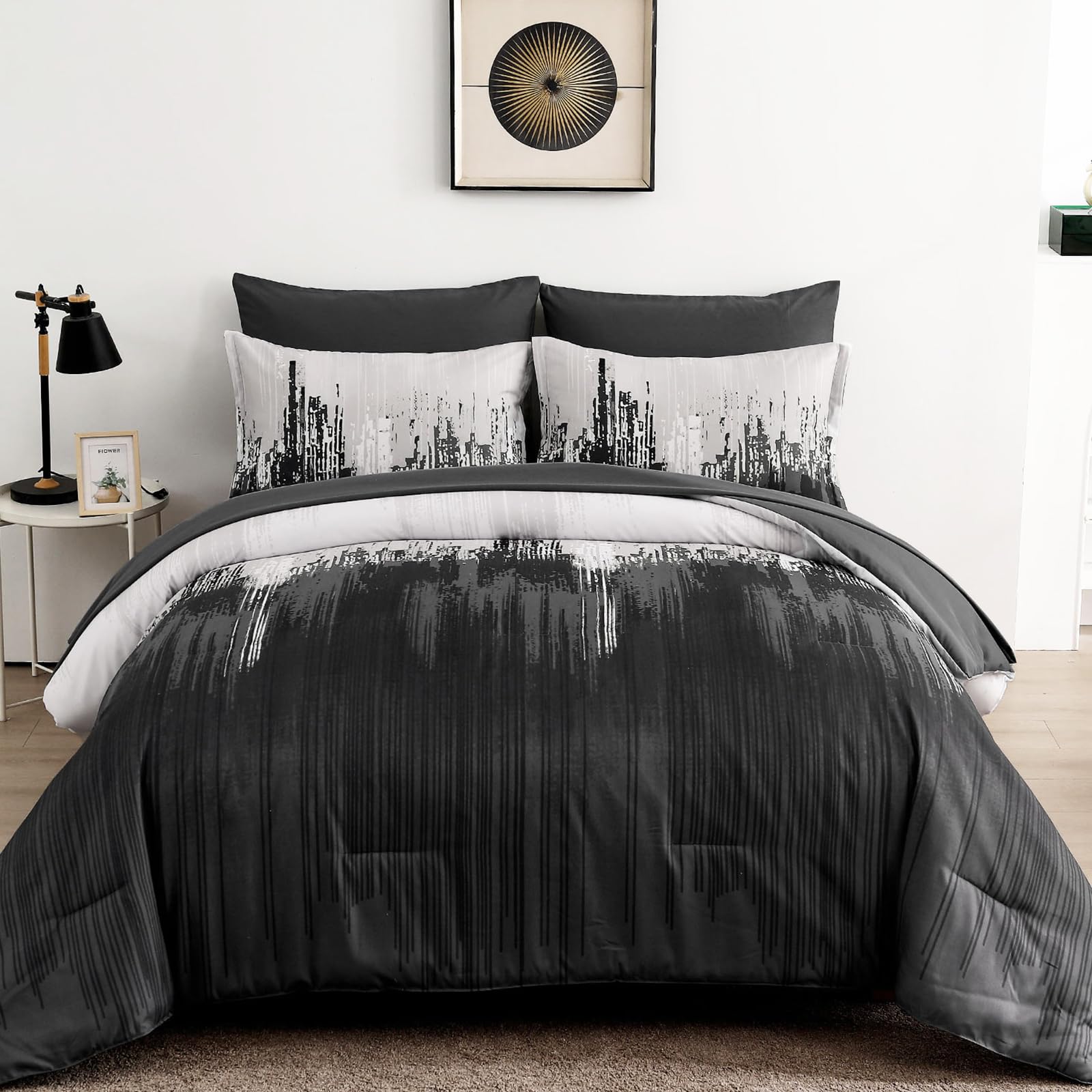 Wongs Bedding Comforter Set Queen,Black Grey 7 Pieces Bed In A Bag Colorful Abstract Art Gradient Comforter Soft Microfiber Bedd