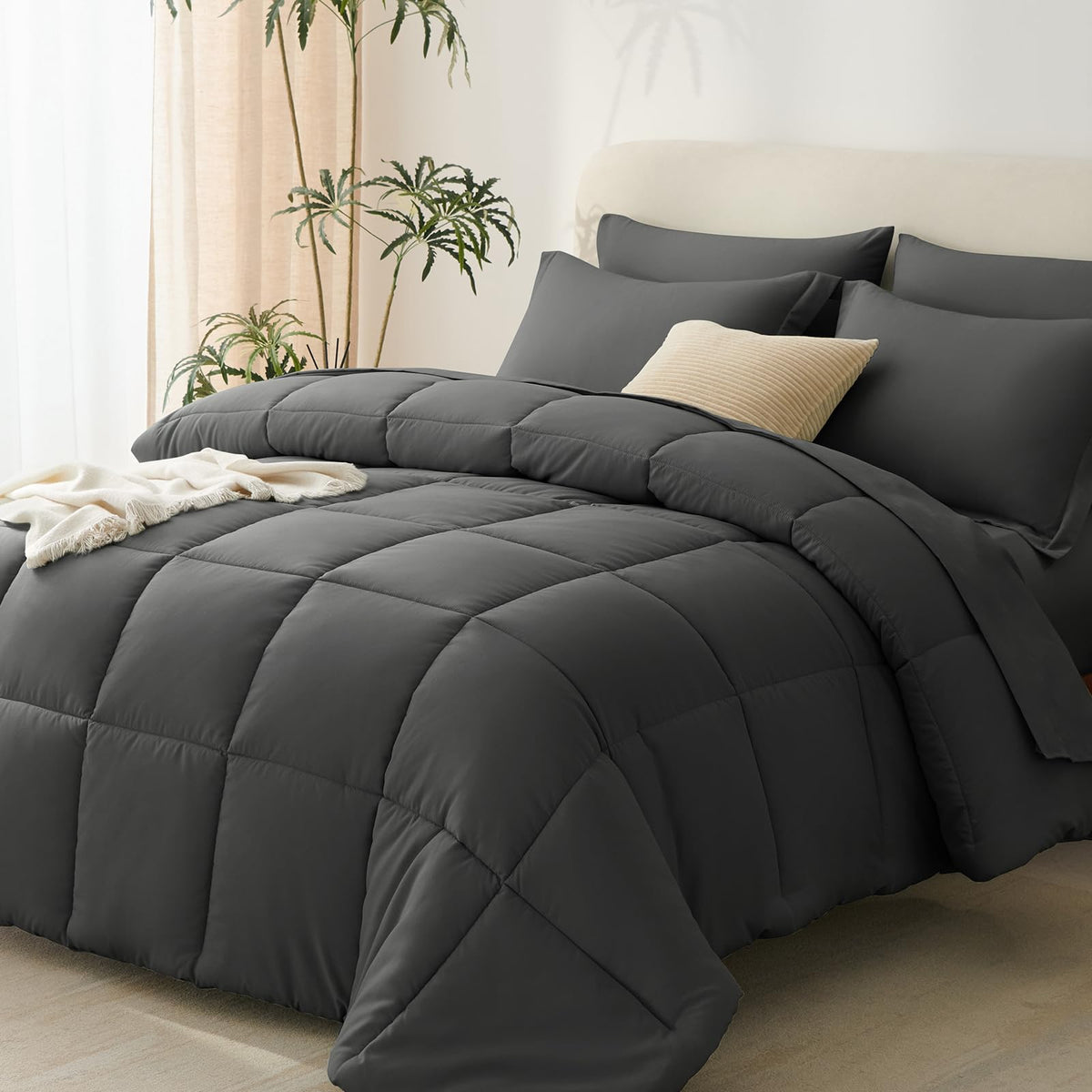 Cozylux King Size Comforter Set - 7 Pieces Bed In A Bag King, Complete Bedding Sets Bed Set For All Season With Comforter, Flat Sheets, Fitted Sheet, Pillowcases & Shams Dark Grey