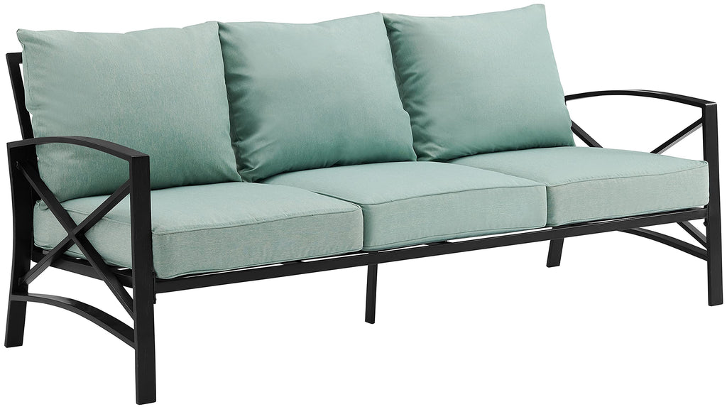 Crosley Furniture Kaplan Outdoor Sofa With Steel Frame, 3-Person Patio Couch For Porch, Deck, Backyard, Oiled Bronze With Mist Cushions