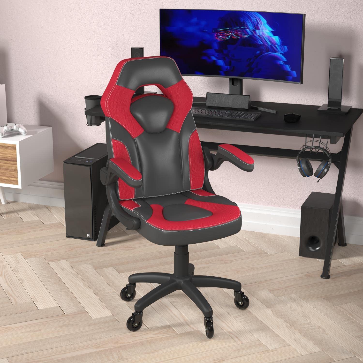 Flash Furniture X10 Gaming Chair Racing Office Computer Pc Adjustable Chair With Flip-Up Arms And Transparent Roller Wheels, Red/Black Leathersoft