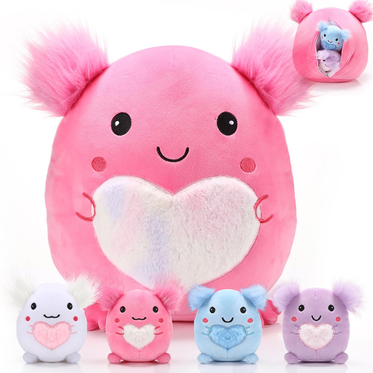 Hiboom 5 Pcs Axolotl Plush Stuffed Animal 12 Inch Large Axolotl Plush Pillow With 4 Baby Axolotl In Her Tummy Soft Cotton Plush