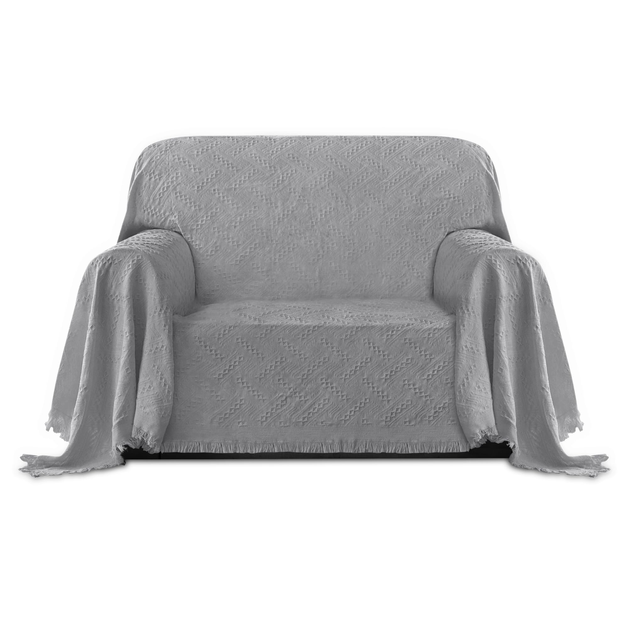 Purefit Geometric Jacquard Throw Sofa Cover - Textured Soft Washable Decorative Couch Covers For 3 Cushion Couch, Throw Cover With Tassels Furniture Protector For Pets, Kids (Small, Light Gray)