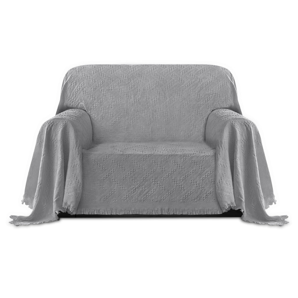Purefit Geometric Jacquard Throw Sofa Cover - Textured Soft Washable Decorative Couch Covers For 3 Cushion Couch, Throw Cover With Tassels Furniture Protector For Pets, Kids (Small, Light Gray)