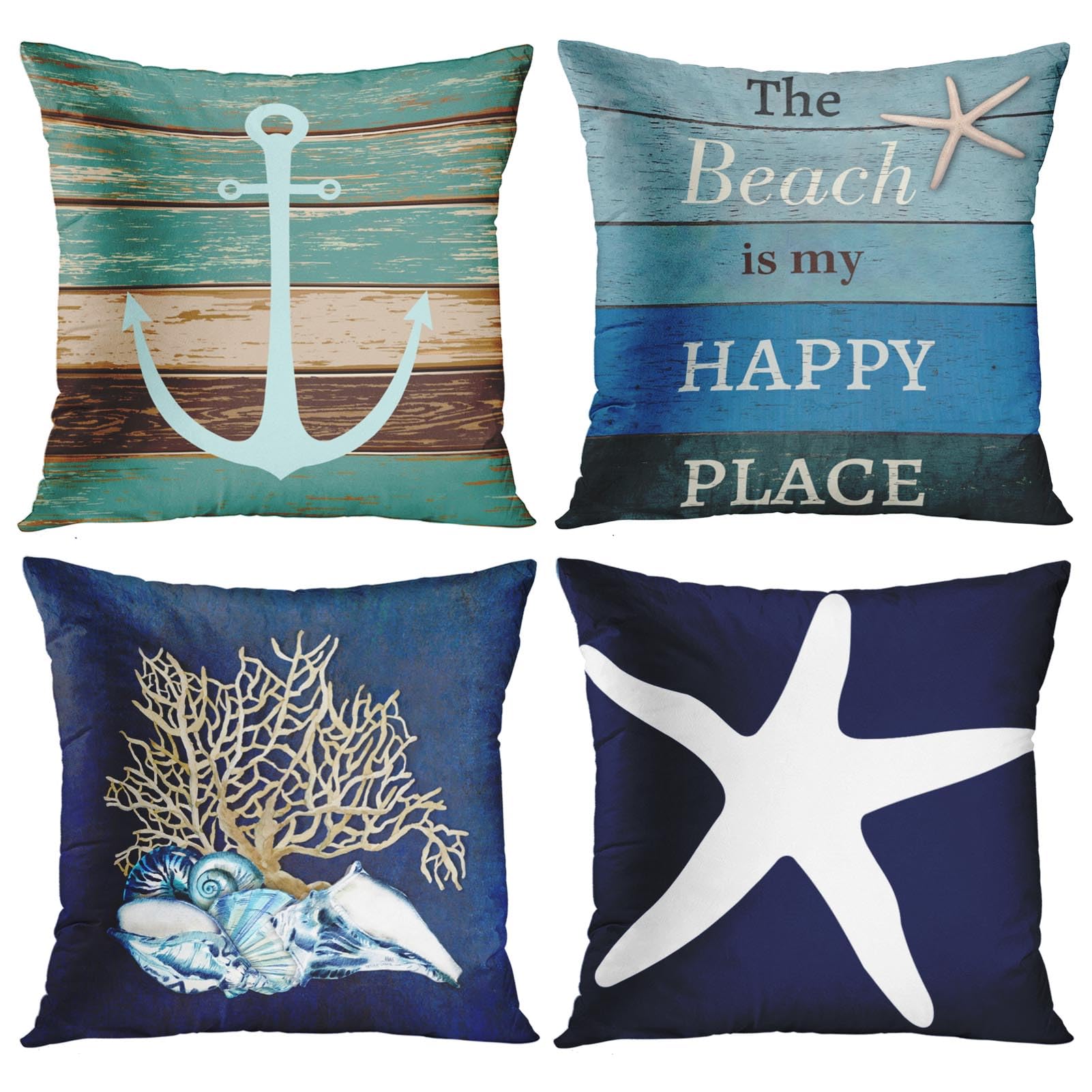 Emvency Set Of 4 Throw Pillow Covers Nautical Coastal Beach And Blue Turquoise Anchor Weathered Wood Old Decorative Pillow Cases