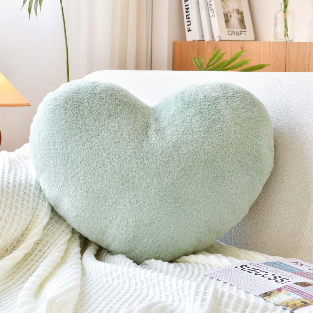 Xvtru Sage Green Heart Pillows, Cute Heart Decorative Pillow, Heart Shaped Throw Pillows For Bed, Faux Rabbit Fur Plush Hoom Dec