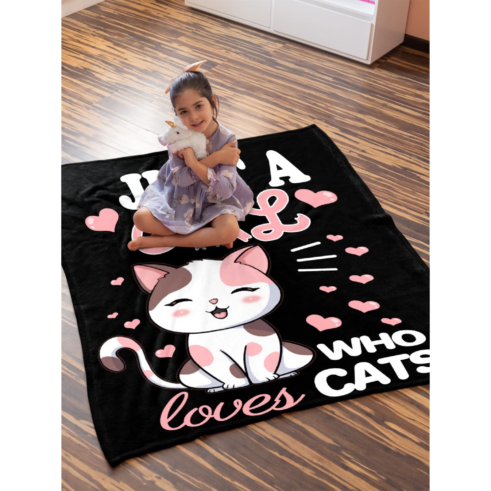 Cat Blanket Plush Gift For Kids Women Comfy Throw-Just A Girl Who Loves Cats-Soft Lightweight Kawaii Kitten Quilt Cozy Sheet Cut