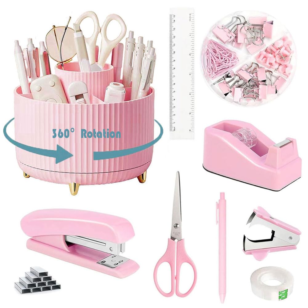Gawsey Pink Desk Organizers And Accessories 10Pcs Set With 360-Degree Rotating Pen Holder, Tape Dispenser, Stapler, Staple Remov