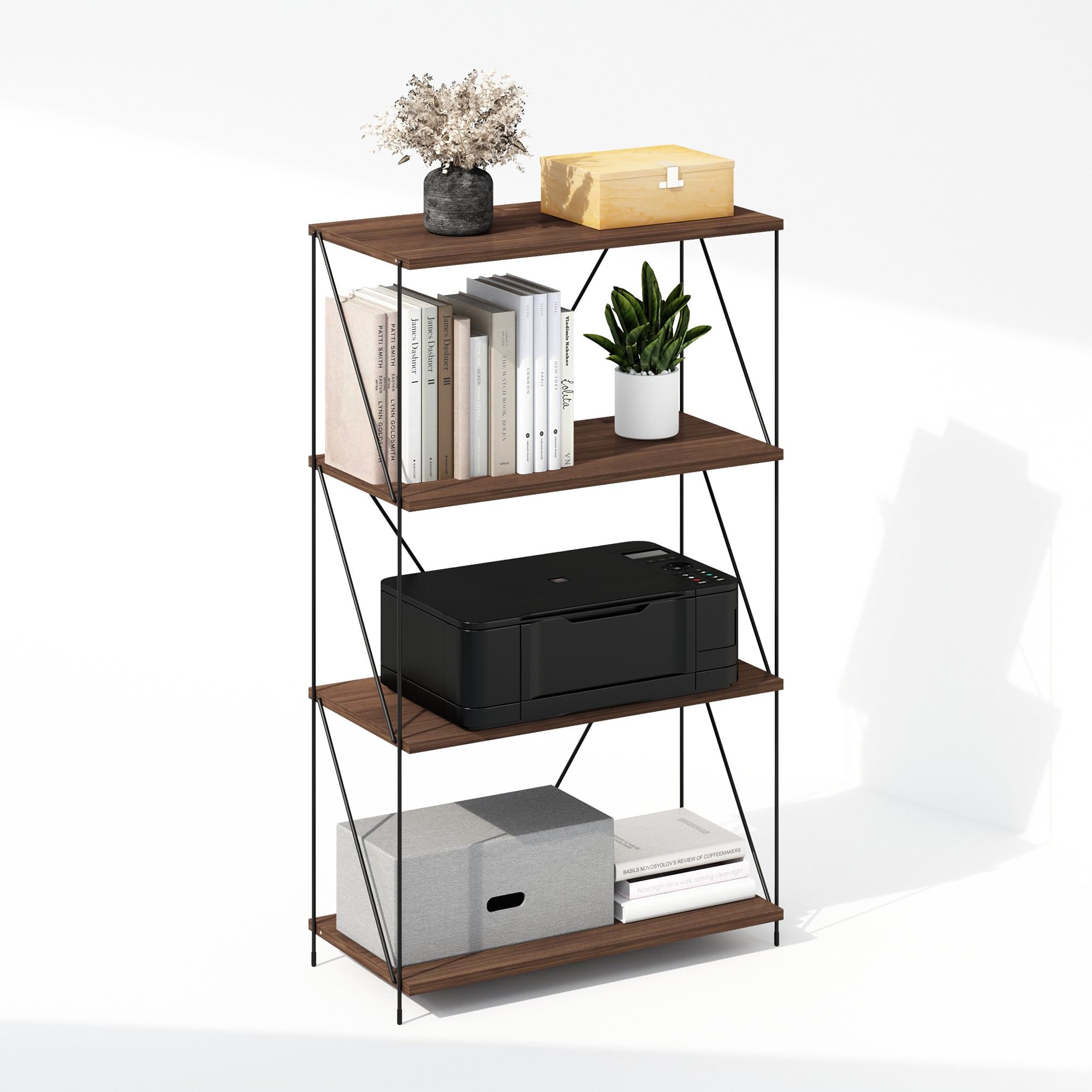 Furinno Wire 4-Tier Industrial Style Metal Frame Bookcase, Display Shelf, 24 Wide, Walnut Cove