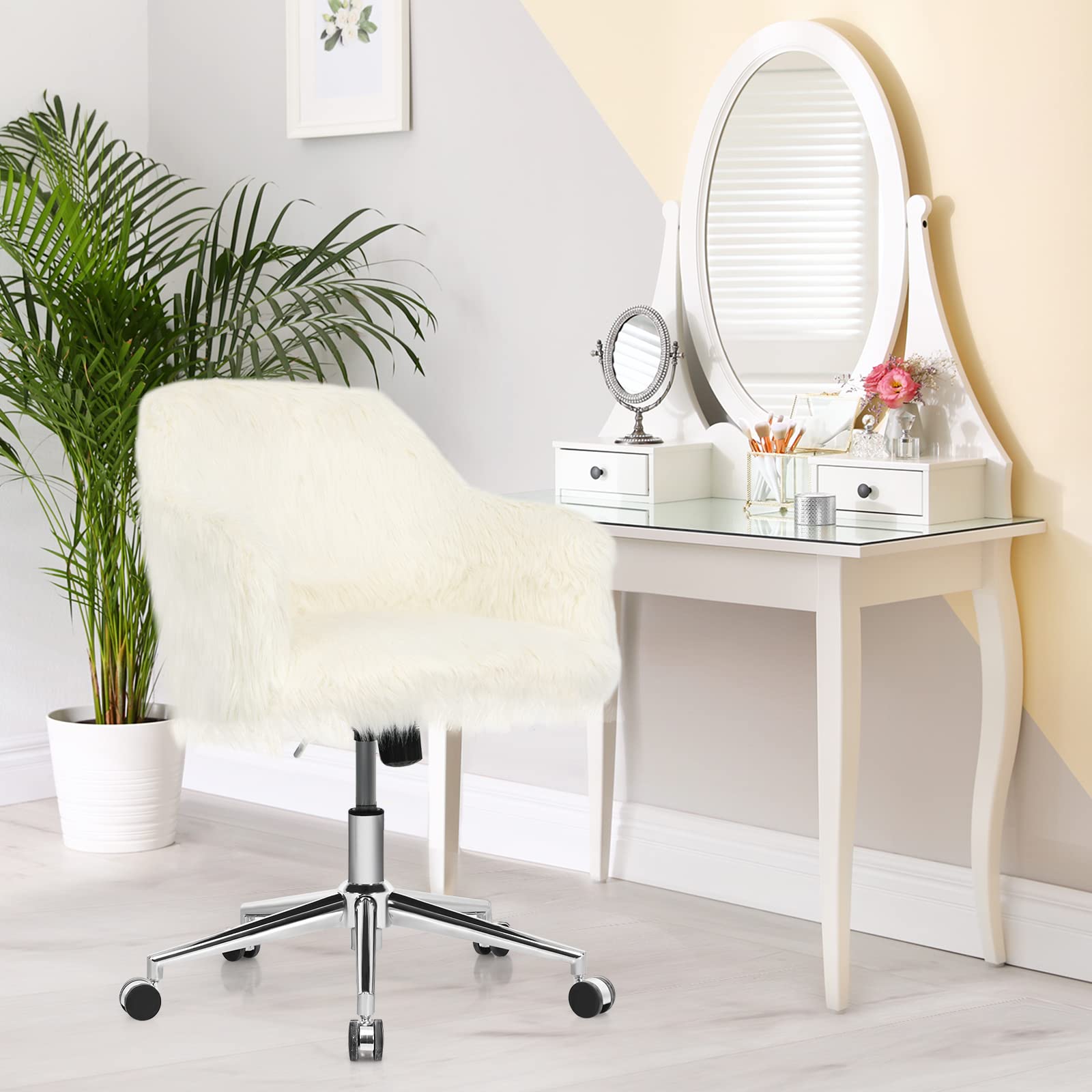 Costway Faux Fur Desk Chair, Fluffy Upholstered Swivel Accent Vanity Chair For Makeup With Adjustable Height, Arm Rest, Rolling Leisure Task Chair On Wheels For Home Office, Beige