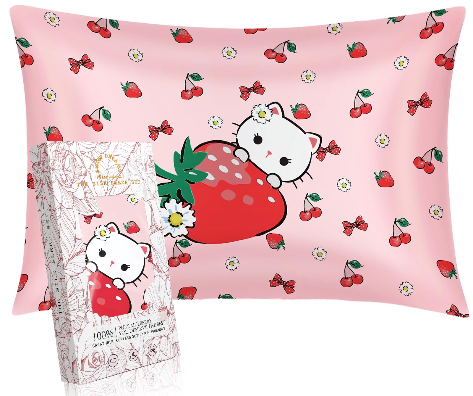 Miss Adola 1 Pack Kids Pillowcase - Queen Size 30 x 20 Inches 19 Momme Mulberry Silk Zipper Pillow Case for Hair and Skin Cute C