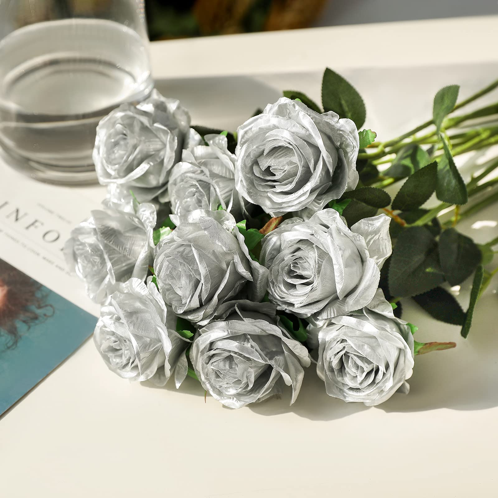 Tifuly Silver Roses Artificial Flowers -12Pcs Realistic Single Long Stem Fake Silk Roses Bouquet For Party Home Wedding Centerpi
