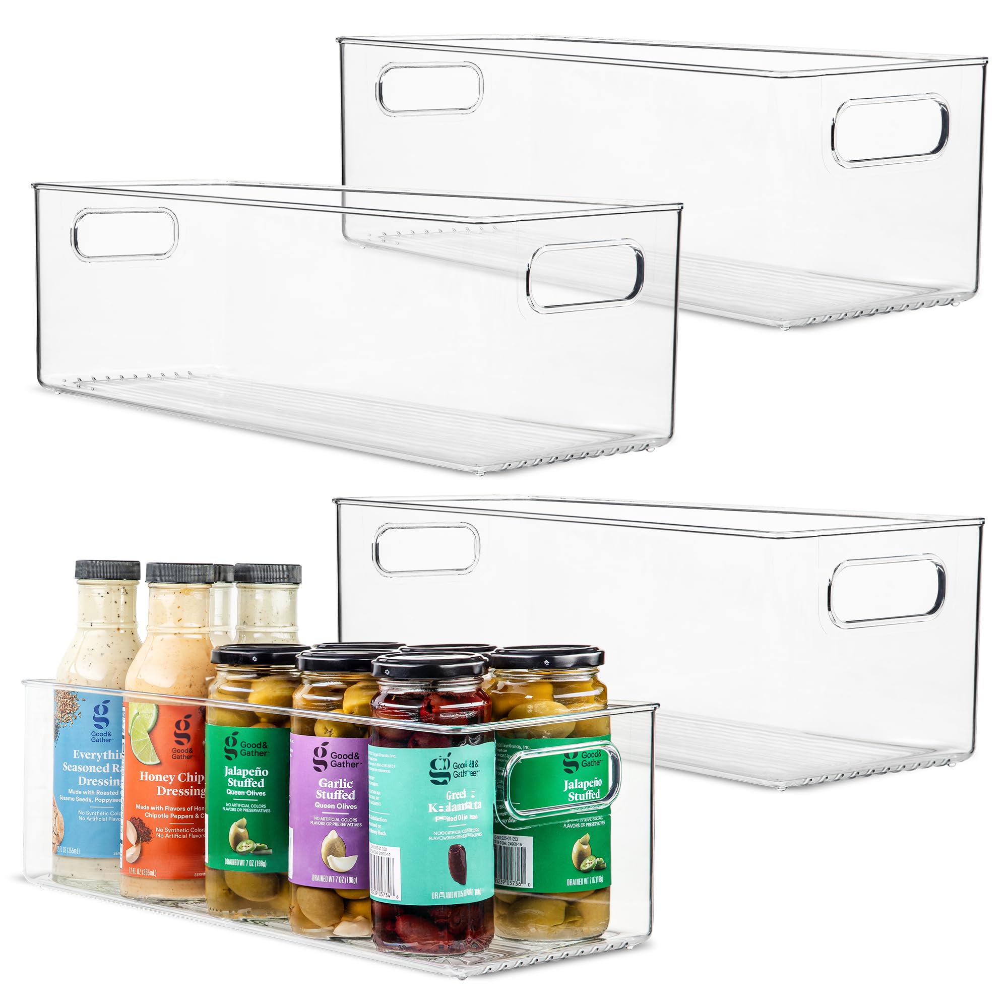 Plastic Food Storage 4 Pack Clear Container Bin With Handles For Organizing Kitchen, Pantry, Fridge, Freezer, Pantry, Bathroom.