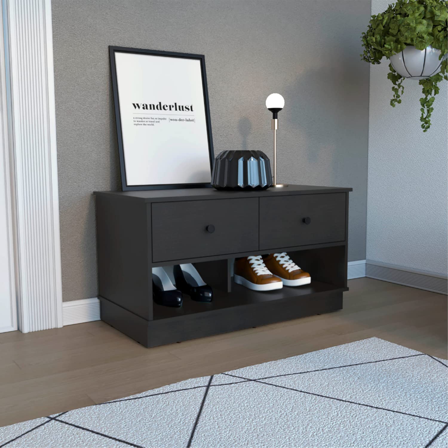 Uranus Storage Bench, 2 Drawers, 2 Open Shelves, Black