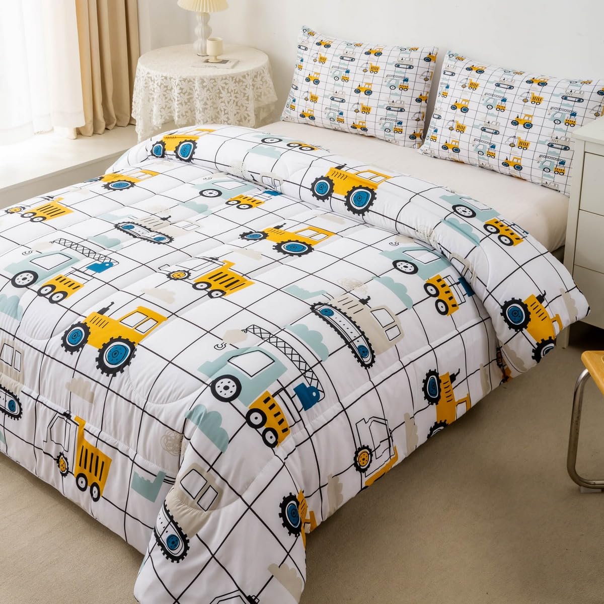 Feelyou Construction Truck Comforter Set Twin Size Kids Machinery Truck Excavators Vehicles Comforter for Boys Teens Cartoon Tra