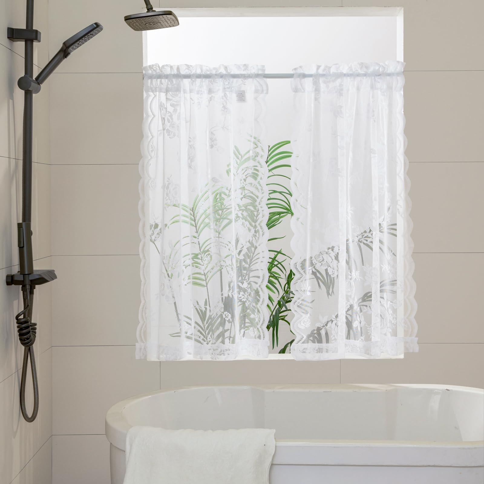 Seekright White Kitchen Curtains 30 Inch Length Rod Pocket Light Filtering Sheer Lace Cafe Curtains 2 Panels Set Modern Floral L