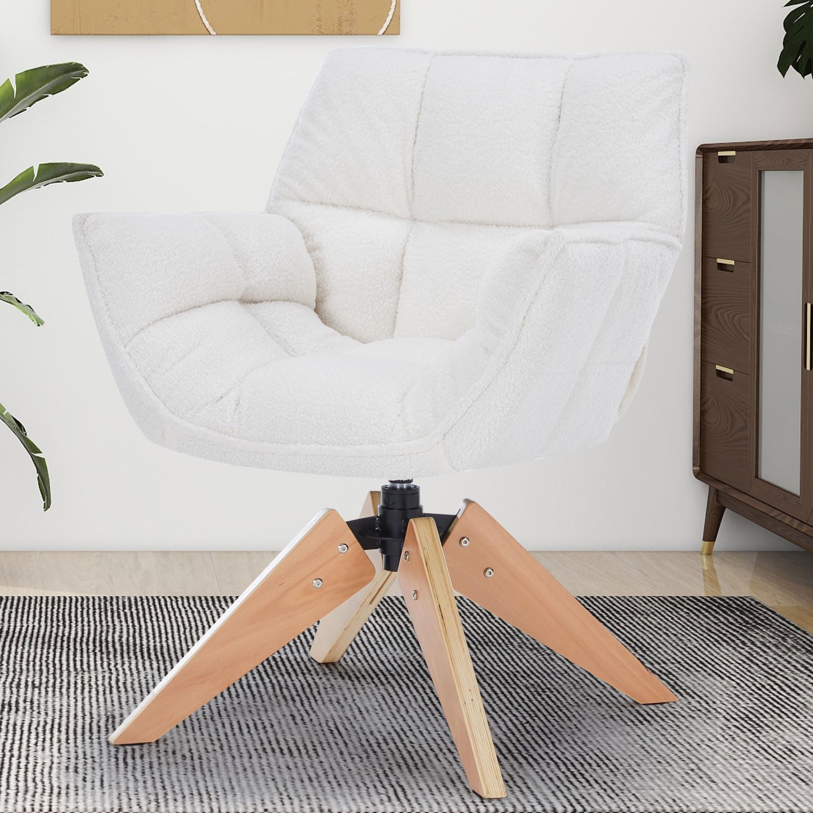 Soergo Mid Century Accent Chair, Lambs Wool Vanity Chair Modern Cozy Desk Chair No Wheels With Amrest, Wood Legs For Living Room