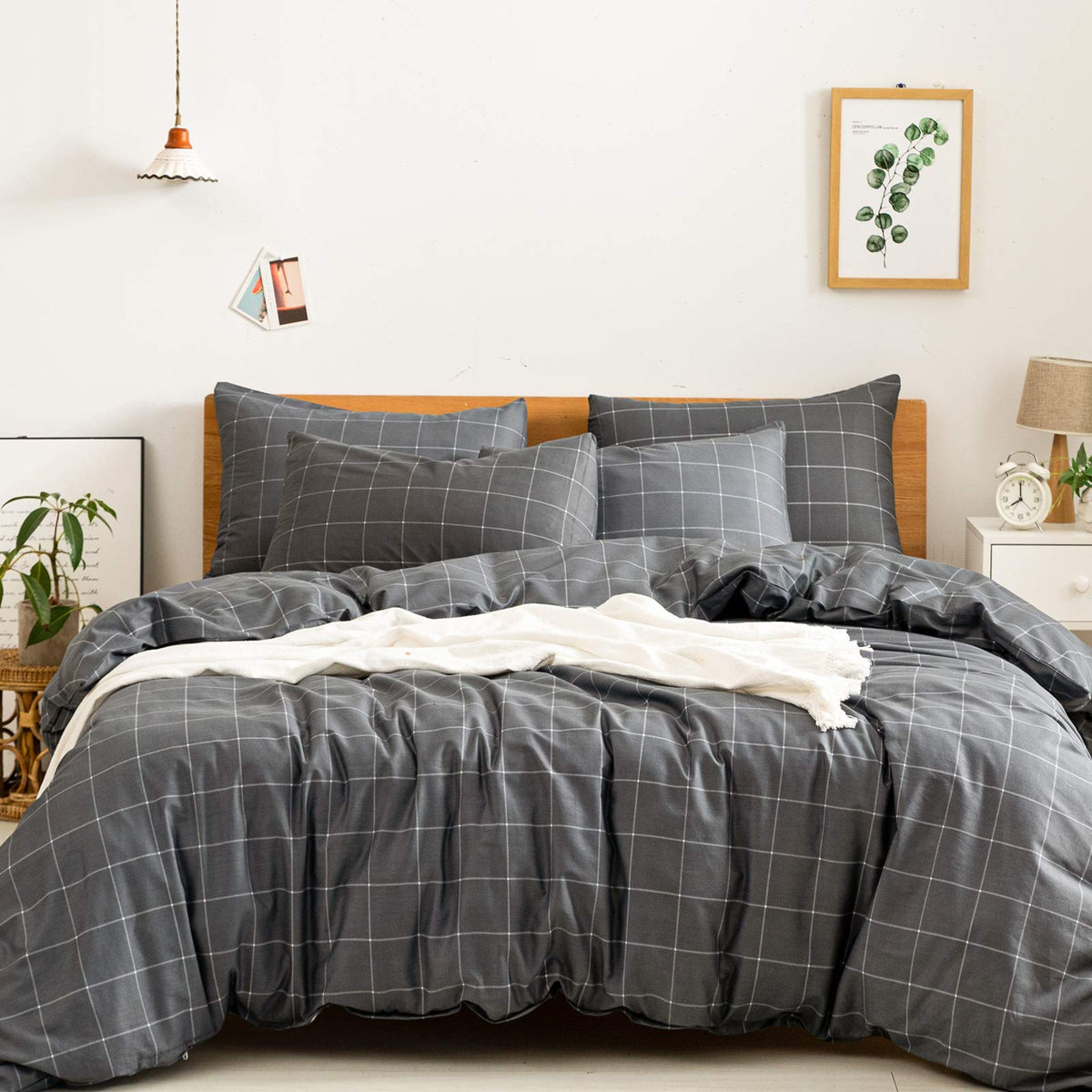 Jellymoni 100% Natural Cotton 3Pcs Plaid Duvet Cover Sets,Black With White Grid Geometric Pattern Printed Comforter Cover, With
