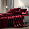 P Pothuiny 6 Pieces Full Satin Sheets Luxury Silky Burgundy Satin Bedding Sheet Set, 1 Deep Pocket Fitted Sheet + 1 Flat Sheet +