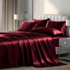 P Pothuiny 6 Pieces Full Satin Sheets Luxury Silky Burgundy Satin Bedding Sheet Set, 1 Deep Pocket Fitted Sheet + 1 Flat Sheet +