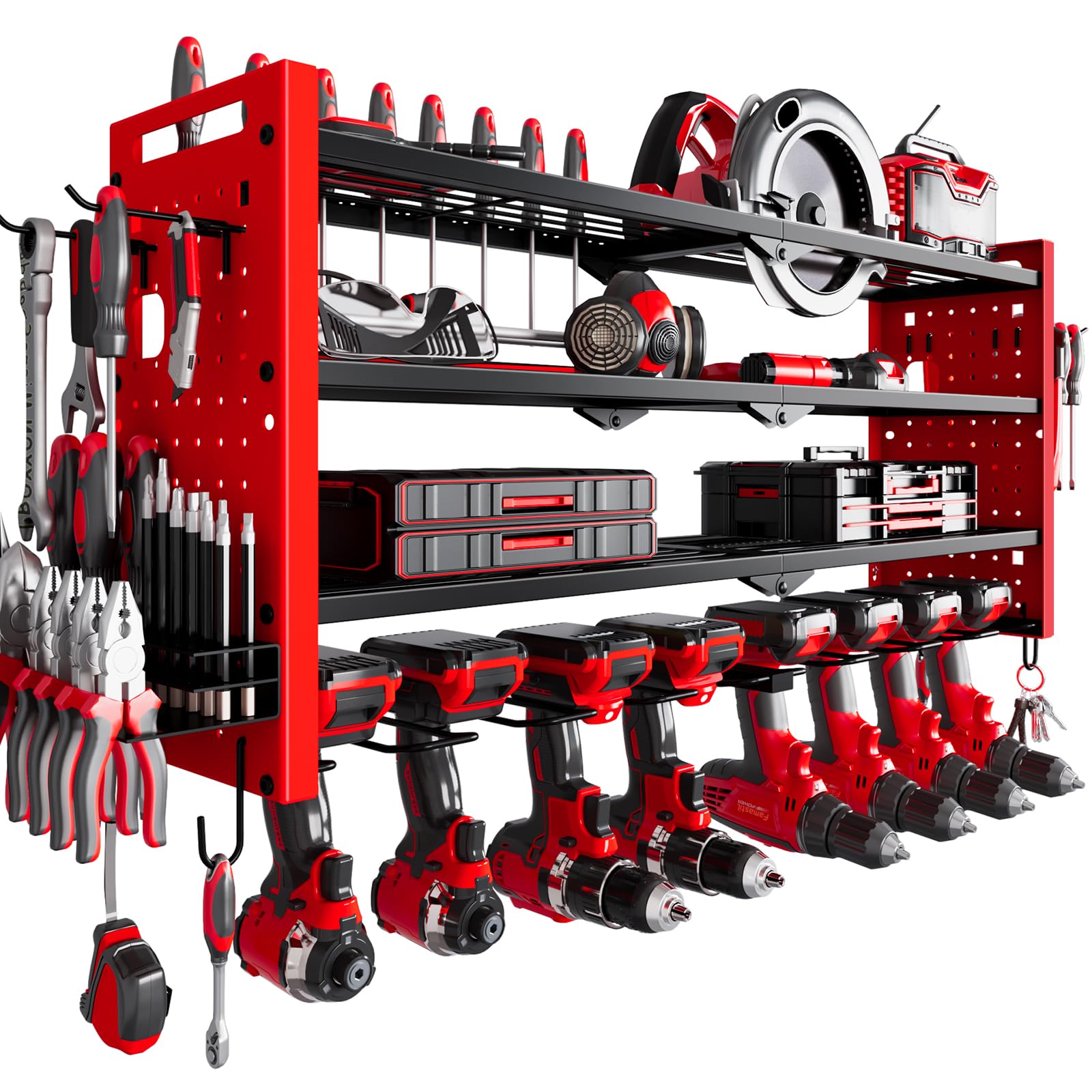 Nattydot Power Tool Organizer Wall Mount,Cordless Drill Organizer,4 Layers Large Capacity Tool Rack With 8 Drill Holders (Red)