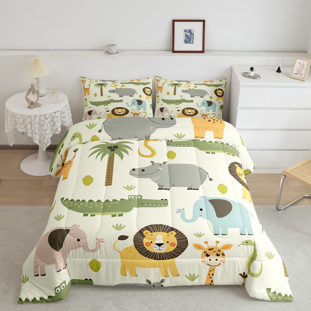 Nursery Cute Wild Animals Bedding Set For Girls Boys Child Kids Cartoon Lion Giraffe Crocodile Comforter Decor Nature Wildlife Comforter Set Zoo Animal Theme Duvet Set Full Size Quilt Set
