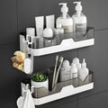 WallMounted Bathroom Shelf Organiser, NoDrill Adhesive, With Hooks, Smoke Grey And White, Set Of 2
