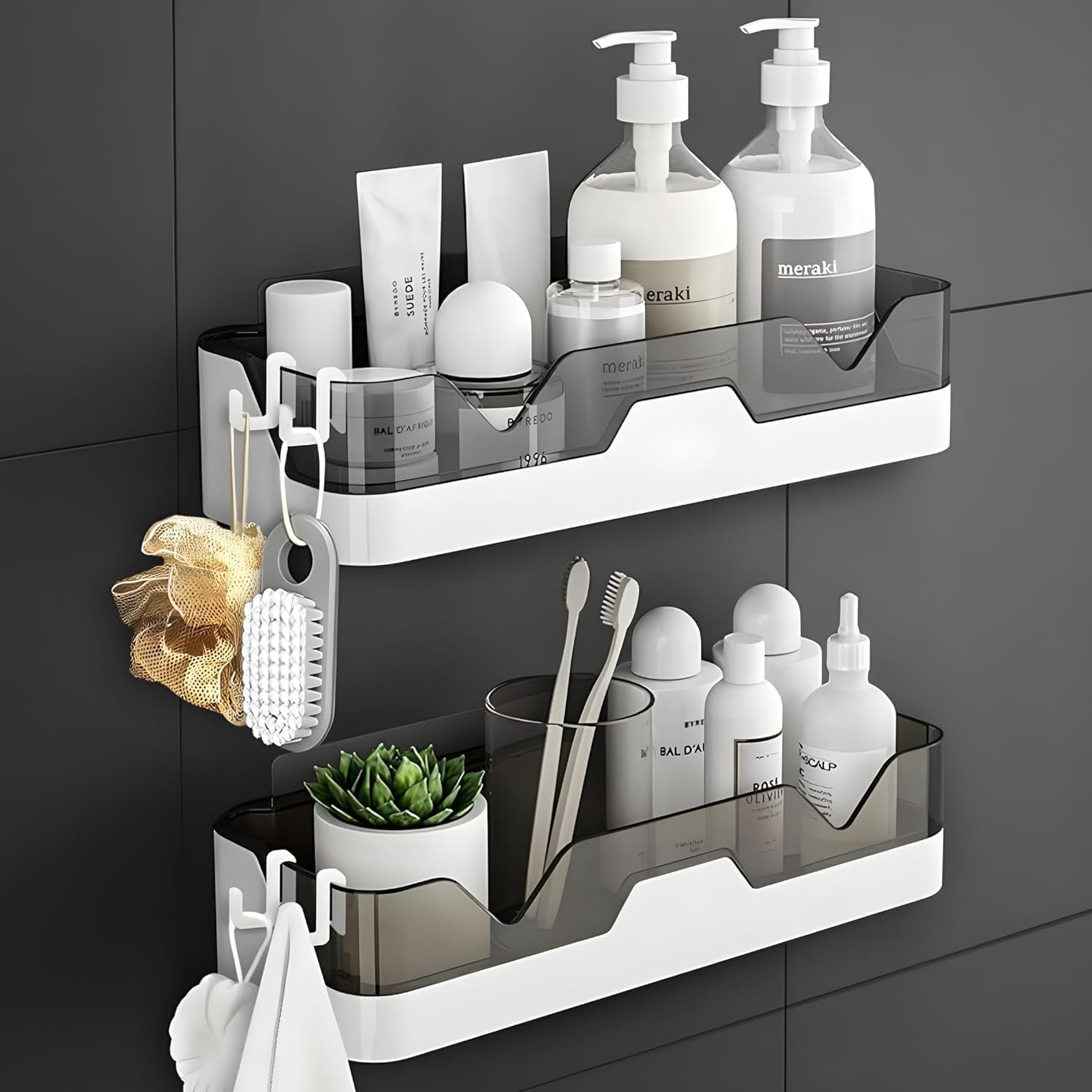 WallMounted Bathroom Shelf Organiser, NoDrill Adhesive, With Hooks, Smoke Grey And White, Set Of 2