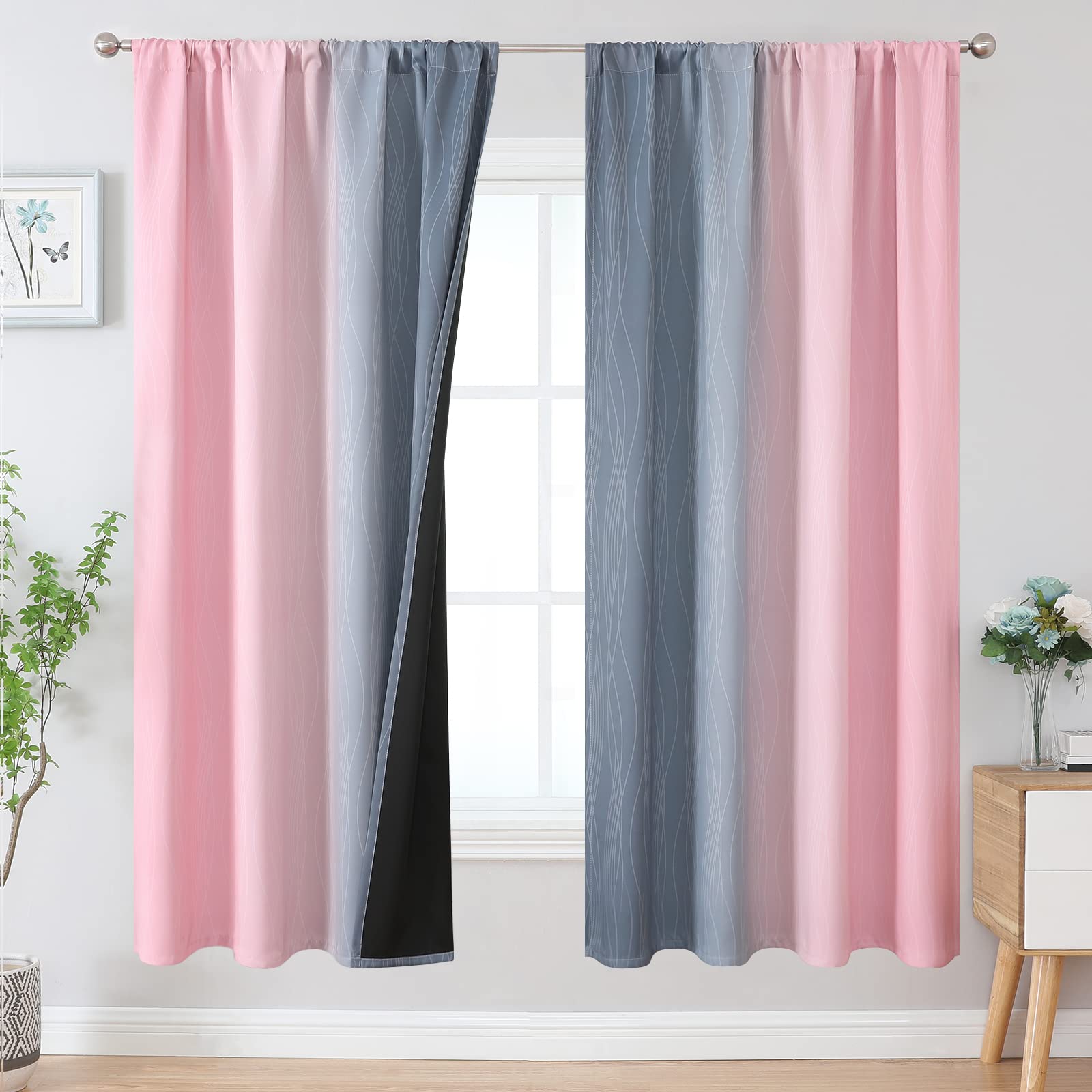Estelar Textiler Grey And Pink Blackout Curtains 72 Inch Length 2 Panels, Room Darkening Rod Pocket Ombre Curtains For Bedroom,