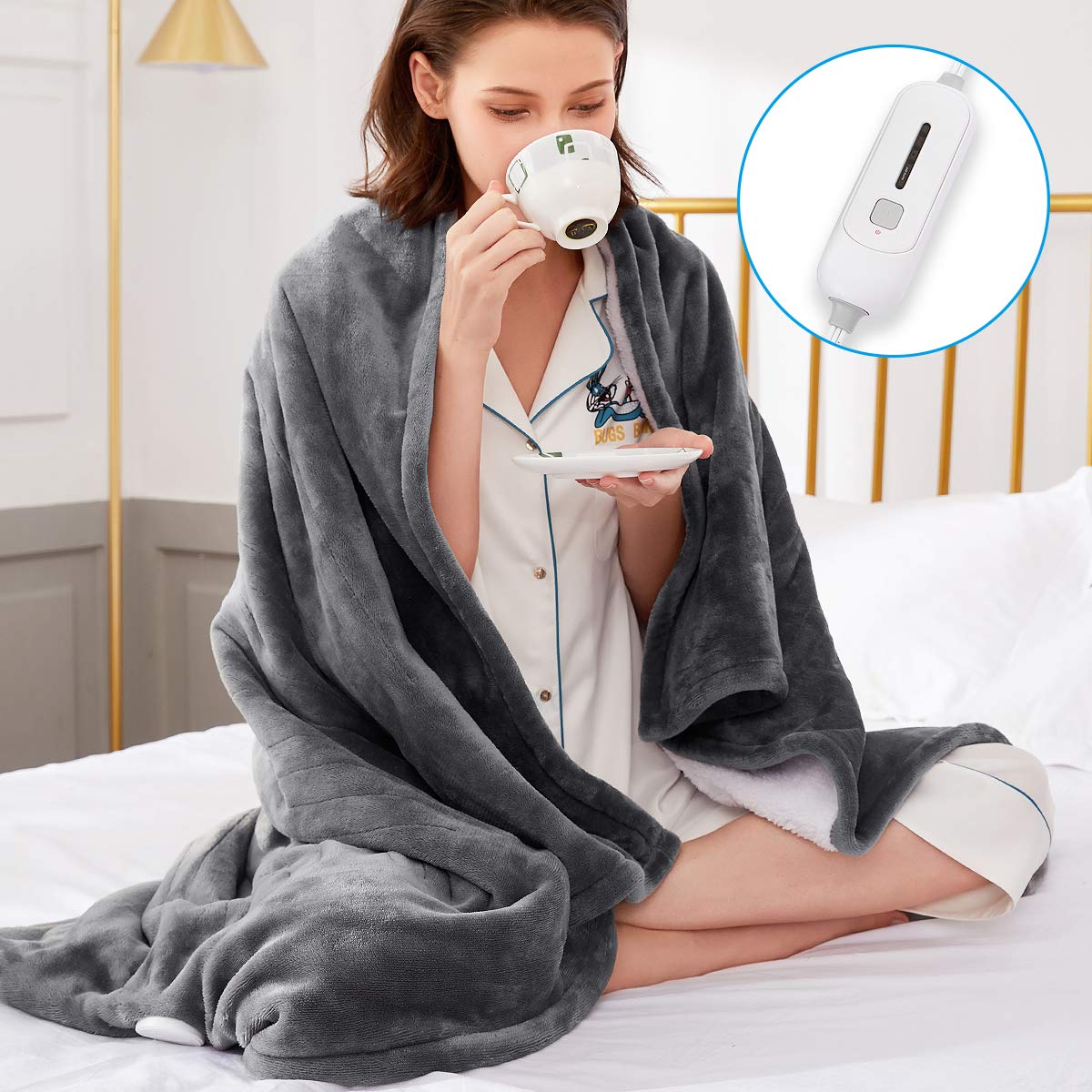 Electric Blanket Heated Throw, Soft Flannel & Sherpa Heating Blanket Throw With 3 Heating Levels & 4Hrs Auto Off, Machine Washab