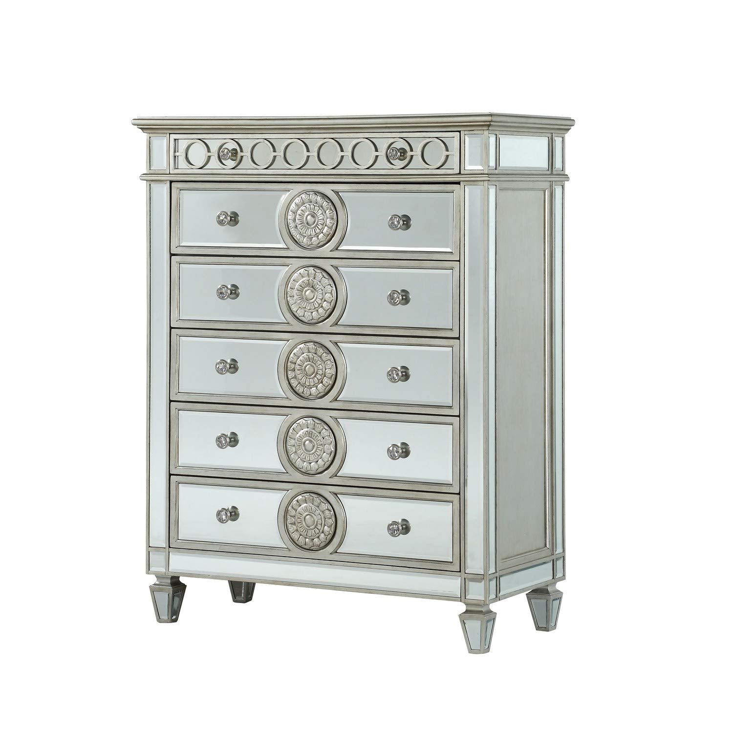 Benjara Mirror Accented Chest With 6 Sunburst Motif Storage Drawers, Silver