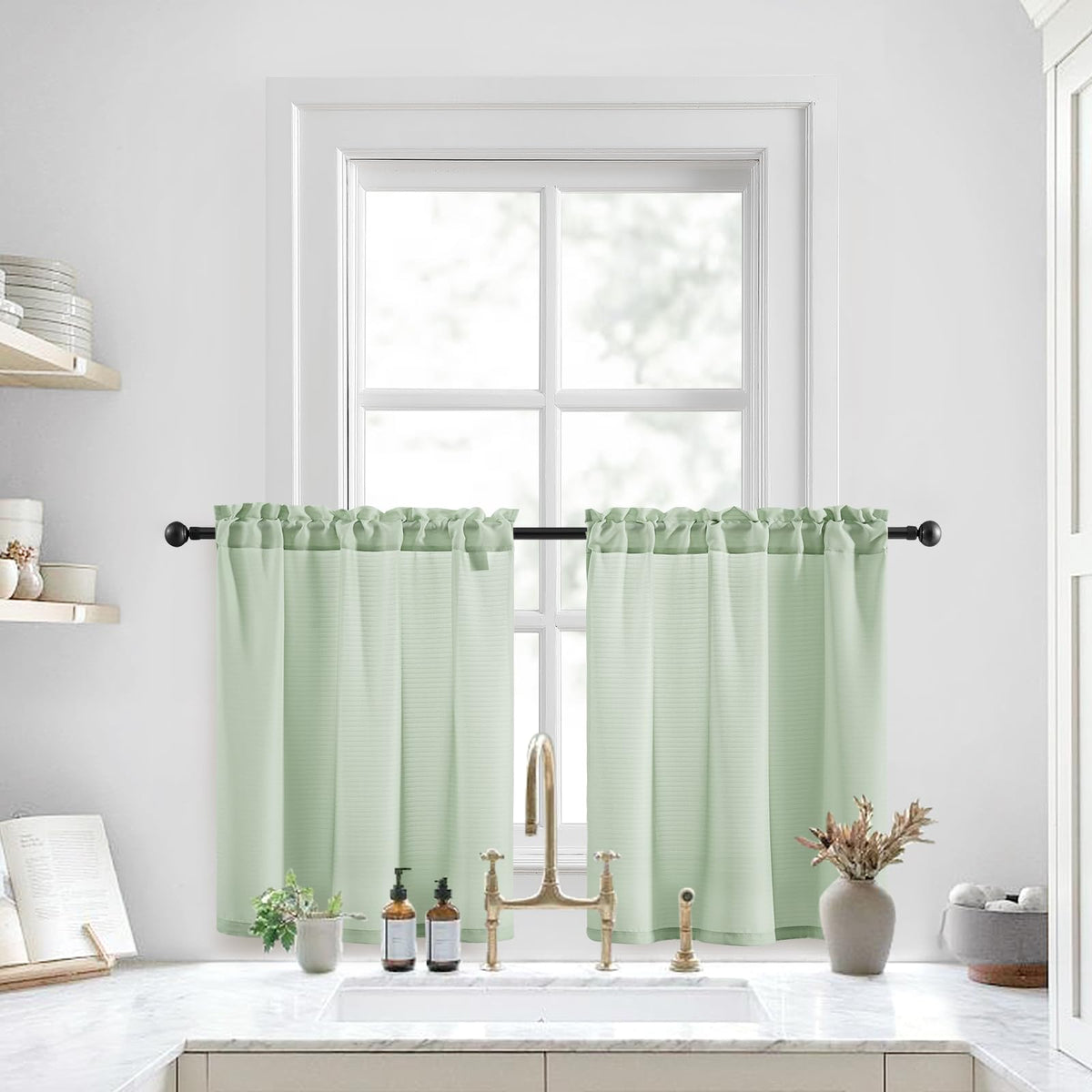 Homeideas Sage Green Kitchen Curtains 30 X 36 Inches 2 Panels Set Non-See-Through Privacy Semi Sheer Short Window Curtains Fish