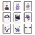 INFUNLY Set of 9 Makeup Wall Art Print UNFRAMED Purple Flower Perfume Fashion Wall Pictures 8X10 Canvas Prints Wall Decor for Be