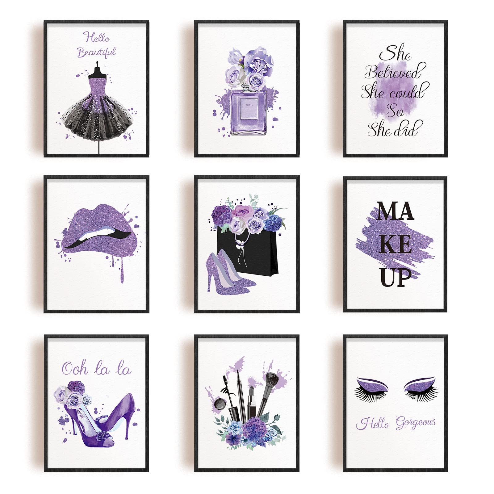 INFUNLY Set of 9 Makeup Wall Art Print UNFRAMED Purple Flower Perfume Fashion Wall Pictures 8X10 Canvas Prints Wall Decor for Be