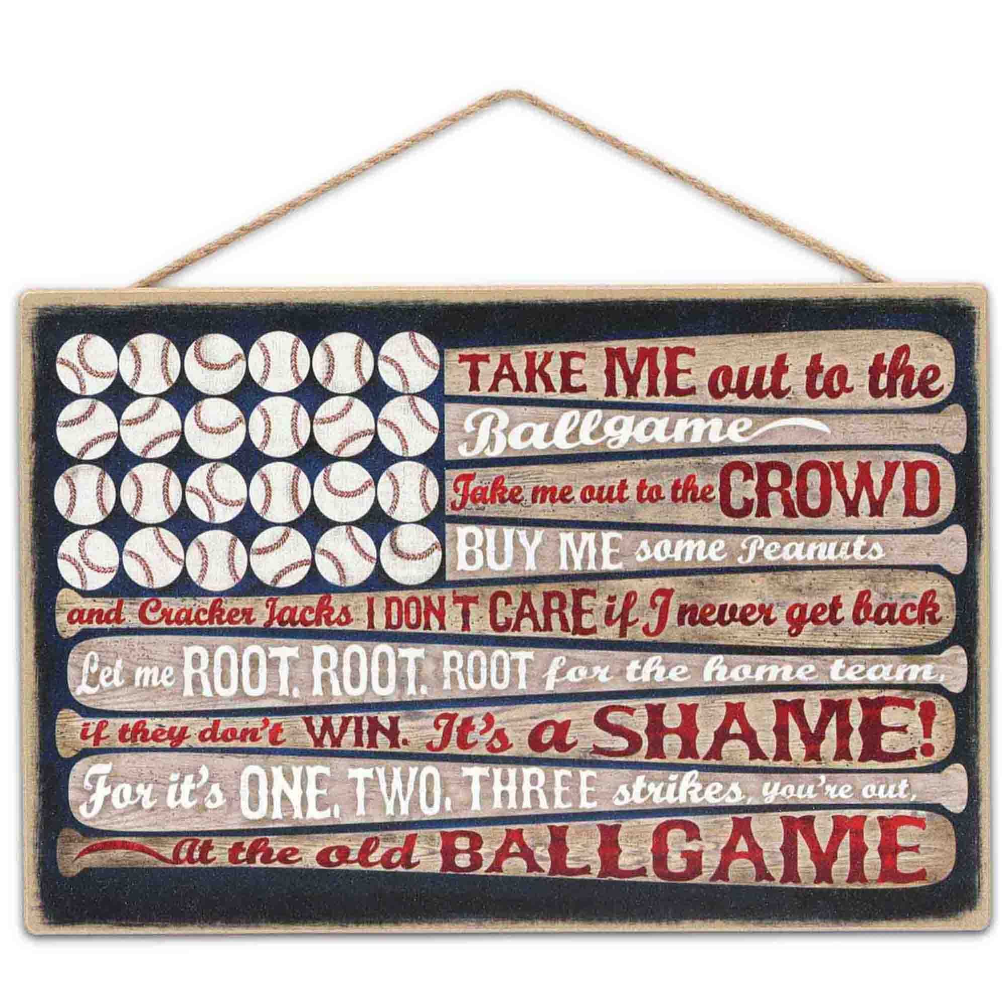 Take Me Out To the Ballgame Flag Hanging Wood Wall Decor - Vintage Americana Baseball Sign for Man Cave or Kids Bedroom