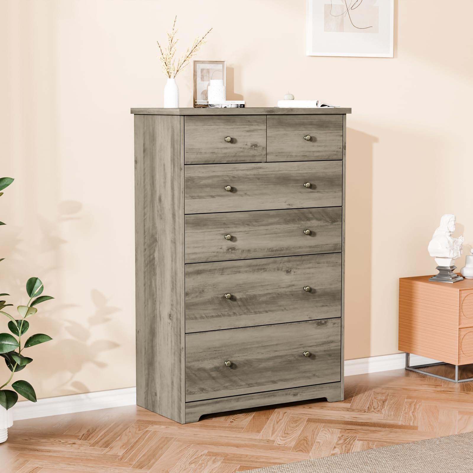 VINGLI Tall Dresser, Rustic Grey Dresser 6 Drawer Chest of Drawers, Wood Gray Dressers for Bedroom, Hallway, Home Office, 31.5 W