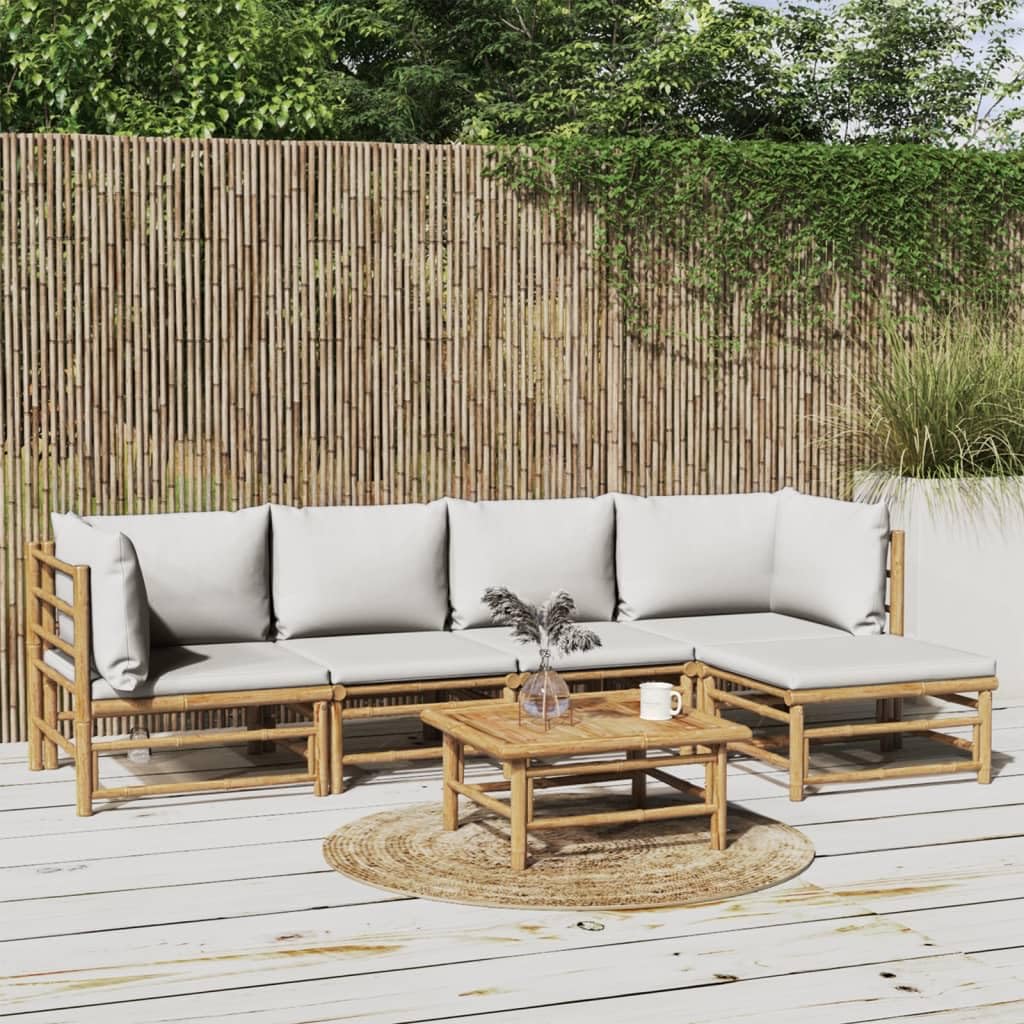 vidaXL 6-Piece Patio Lounge Set with Cushions - Flexible Bamboo Outdoor Furniture Set - Comfortable Seating with Sturdy Table - Light Gray
