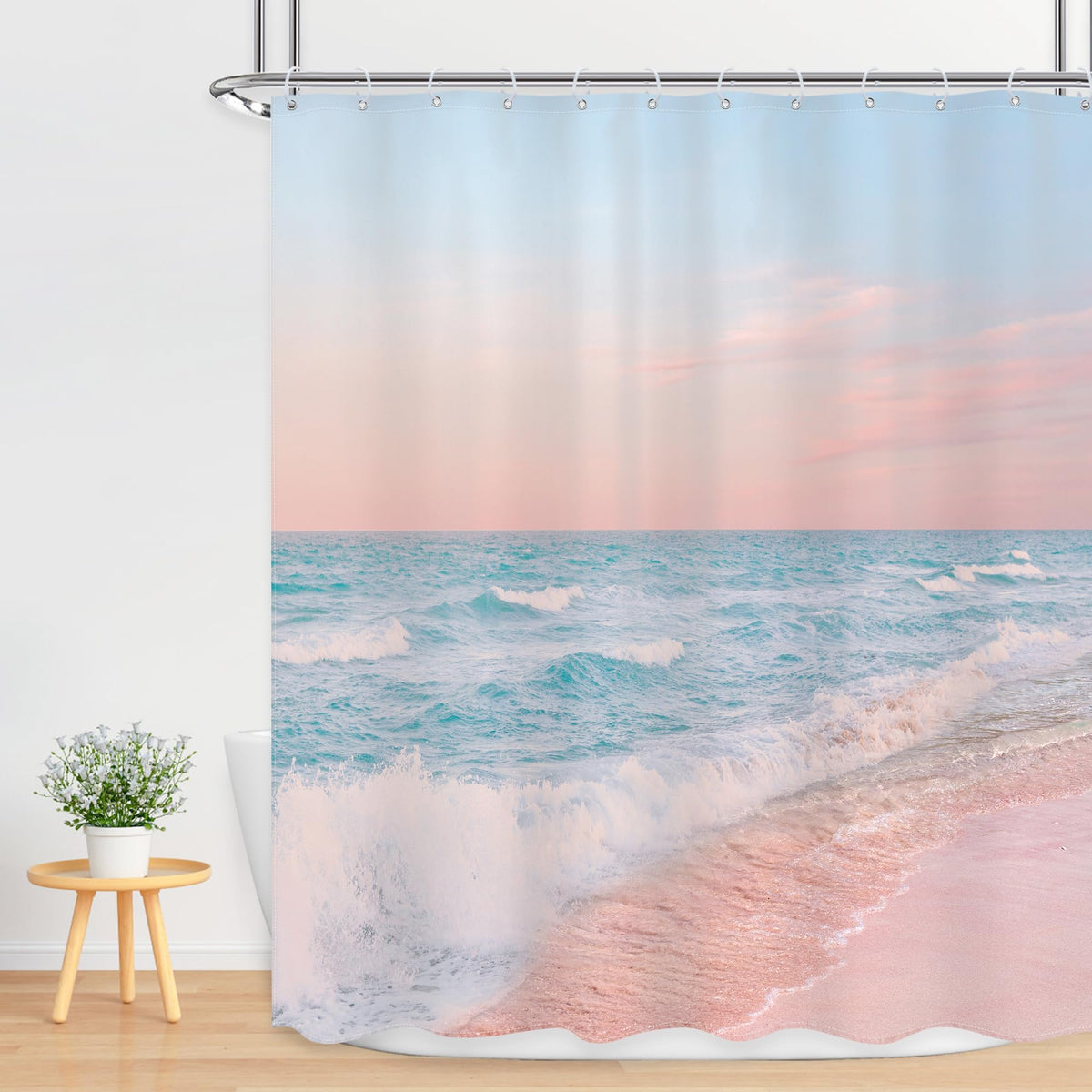 Ufeela Ocean Beach Shower Curtain Sunrise Sea Waves Summer Coastal Sunset Hawaiian Scenic Pink Blue Sky 60Wx72L Inch Bathroom Se