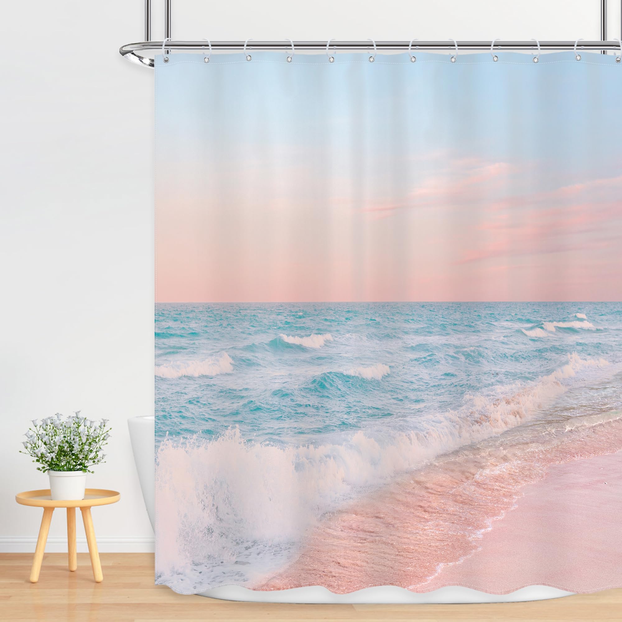 Ufeela Ocean Beach Shower Curtain Sunrise Sea Waves Summer Coastal Sunset Hawaiian Scenic Pink Blue Sky 60Wx72L Inch Bathroom Se
