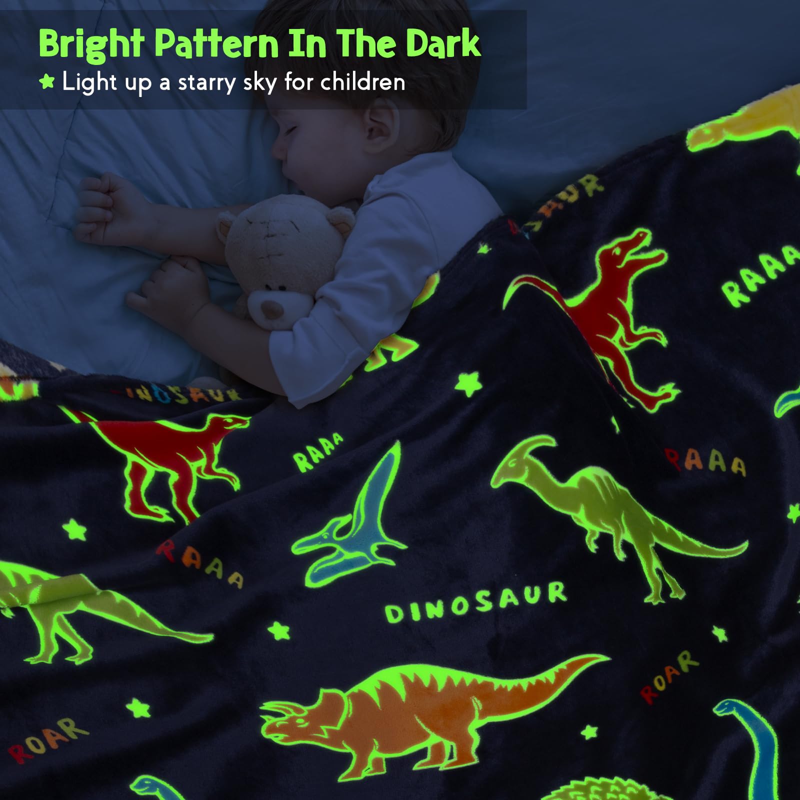 Dinosaur Gifts Toys For Kids Boys - Glow In The Dark Blanket Dino Throw Age 1-13 Years Old Toddler Teen Son Girls Present Birthd