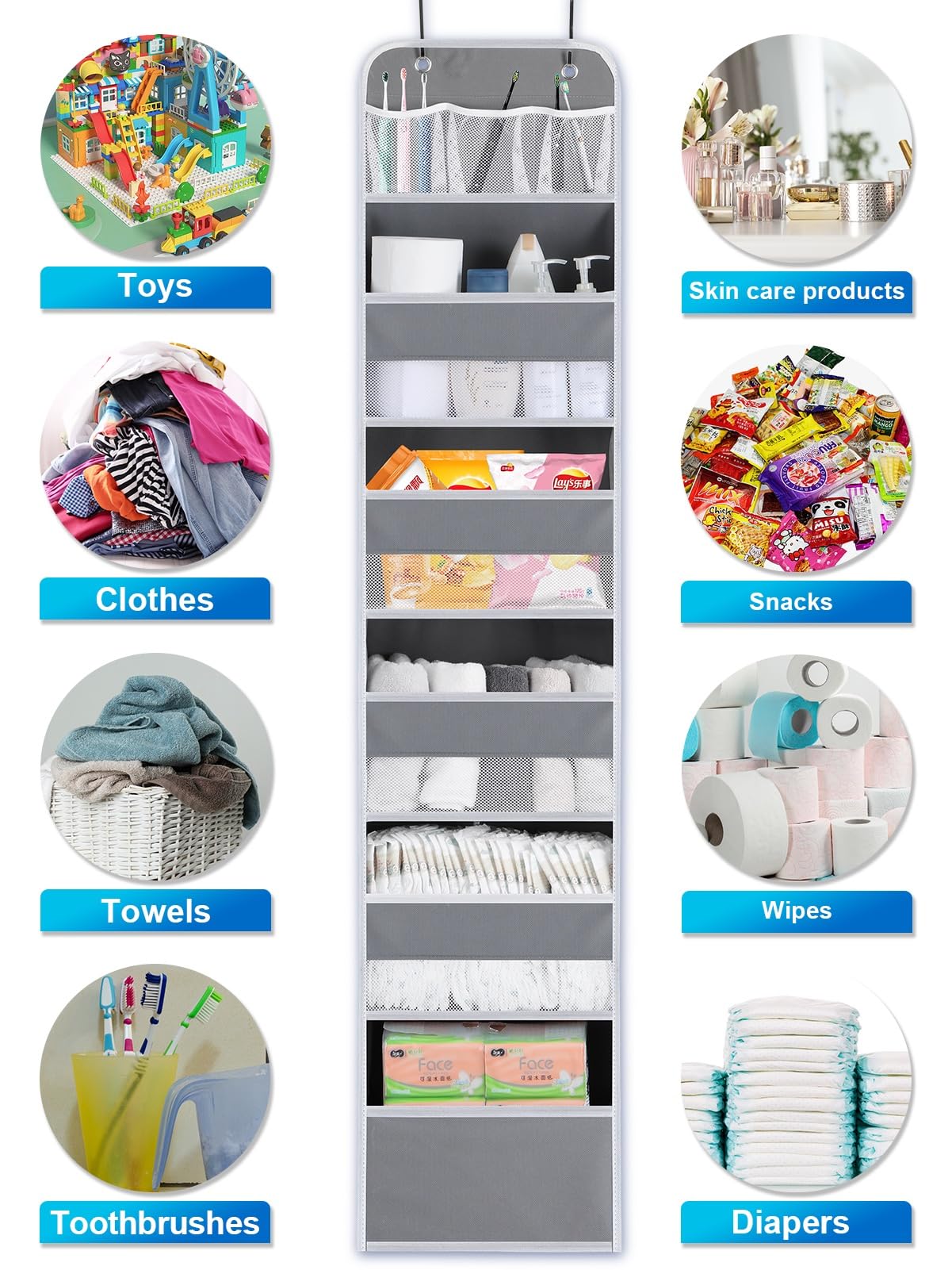 Over The Door Organizer Storage - 6 Shelf Hanging Storage Door Organizer With 8 Large Capacity Pockets, Anti Tilt Behind Door Or