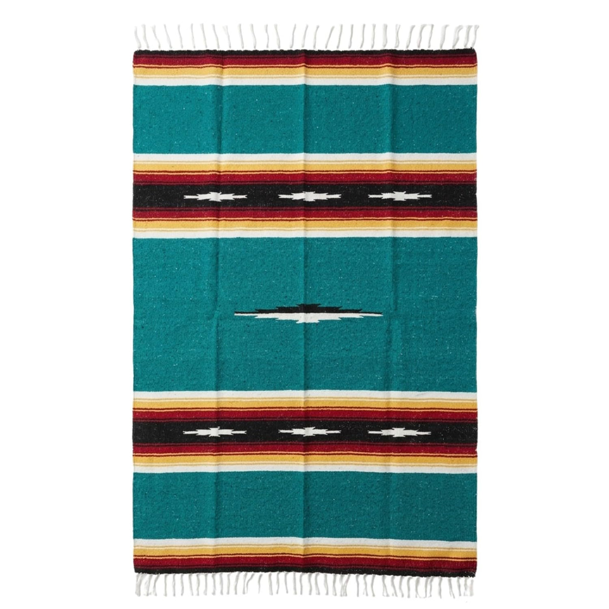 Open Road Goods Teal/Turquoise Diamond Navajo Mexican Yoga Blanket, Thick Serape with Red and Yellow Sunset Stripes  Handmade