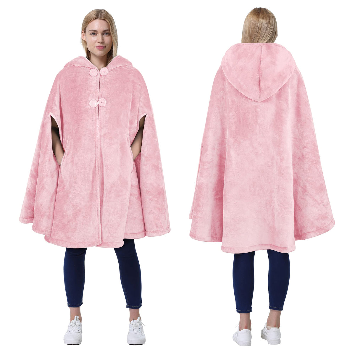 Catalonia Women'S Pink Poncho Cape, Sherpa Fleece Cloak Coat, Snuggly Hooded Wearable Blanket, Gift Idea For Mom And Teen Girls