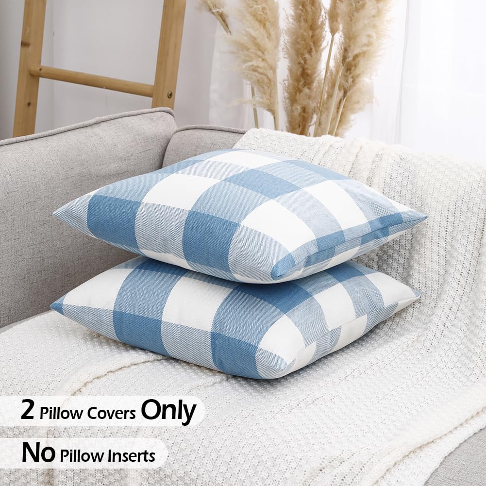 Carrie Home Light Blue And White Buffalo Check Plaid Lumbar Pillow Covers 12X20 Set Of 2, Light Blue Checkered Summer Outdoor Lu