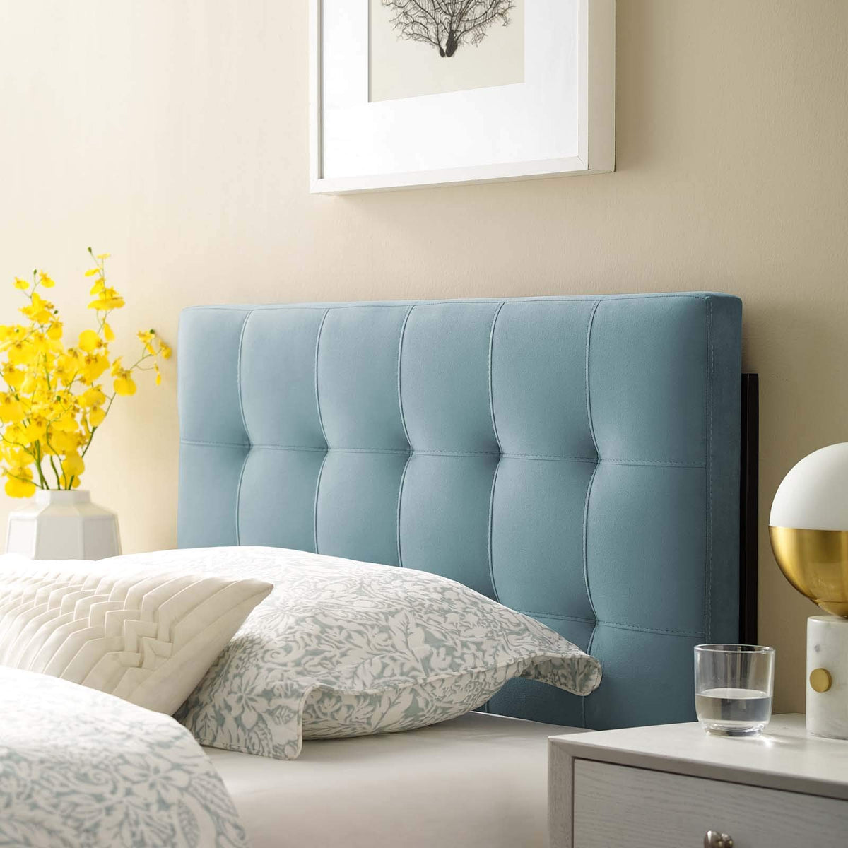 Modway Lily Biscuit Tufted Twin Performance Velvet Headboard, Light Blue